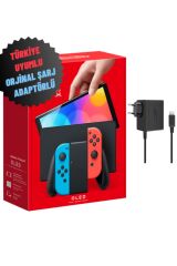 Nintendo Switch  Oled 64 Gb Türkiye Uyumlu Şarj Adaptörlü Konsol - Kırmızı/Mavi