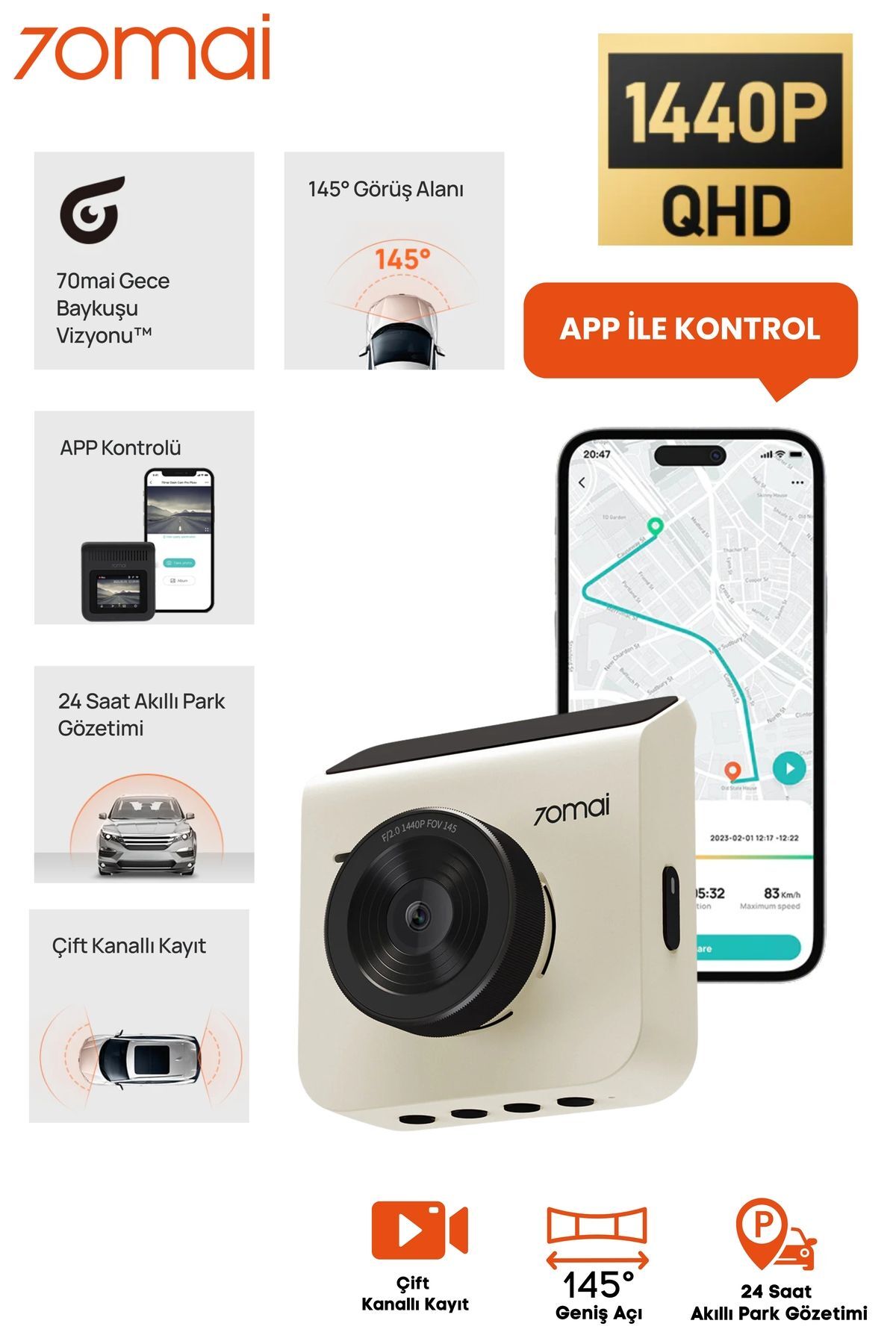 A400 Dashcam 1440p Quad Hd 2k 145° Açılı Gece Görüşlü Araç Kamerası Beyaz
