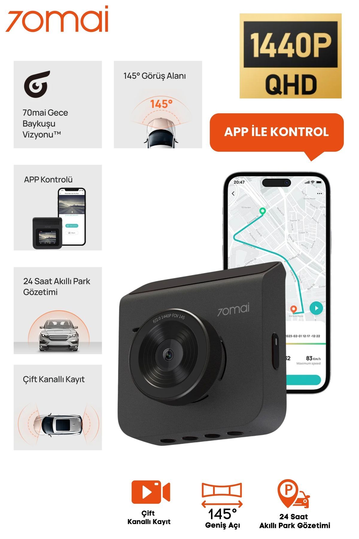 A400 Siyah Dashcam 1440p Quad Hd 2k 145° Açılı Gece Görüşlü Araç Kamerası